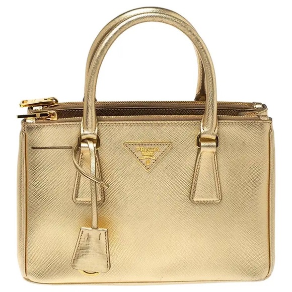 Prada Handbags - Prada Metallic Gold Saffiano Lux Leather Small Double Zip Tote
